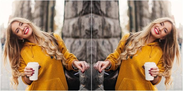 work-life balance mirror image of woman wearing yellow and holding glasses and coffee cup