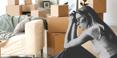 sad woman packing up apartment