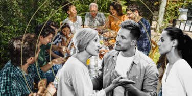 Family enjoying dinner together in the back, while mother in law-son and his wife argue 