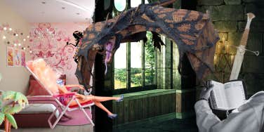 barbie room on one side, castle dragons, and reading on another