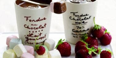 chocolate fondue with strawberries and marshmallows