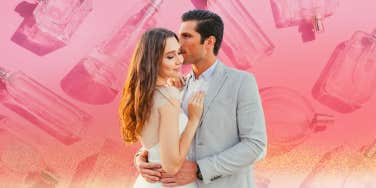 man hugging woman with perfume behind them