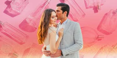 man hugging woman with perfume behind them