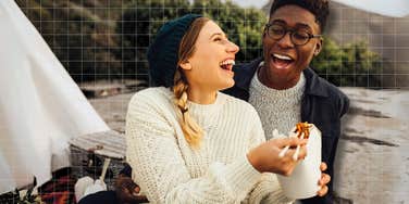 Couple on first date, smiling, comliment 