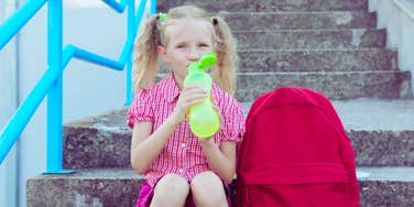 kindergarten, little girl, water bottle 