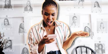 Woman stalking the man she's dating, online dating profile.