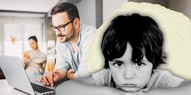 Confused child laying on hands while parents both work remotely behind him