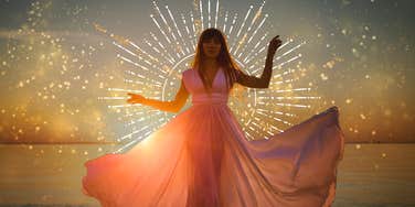 Woman follows guide to become goddess that men worship.