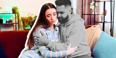 Couple hugging awkwardly, not wanting to stay in relationship
