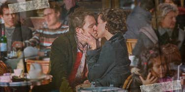 Woman meets a man at a local cafe.