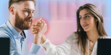 Man is subtle but inappropriate in common ways to his female co-worker.