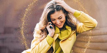 Woman on the phone answers deep questions because she is falling in love online.