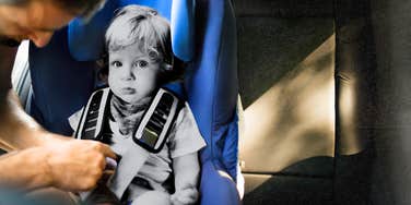 Alcoholic husband strapping baby into carseat