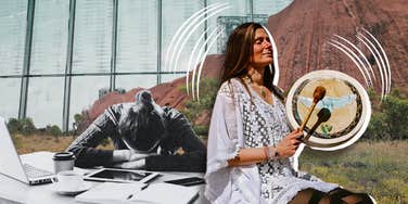 Fatigued unhappy woman at corporate desk, happy woman living the dream in Peru