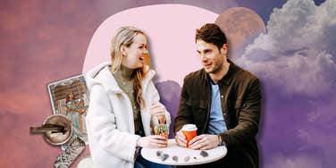 Woman explaining her spiritual beliefs to boyfriend over coffee
