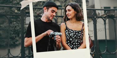 Woman looking at man, mysterious to keep his attention