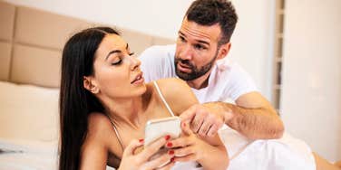 Upset husband, wife having affair in their home.