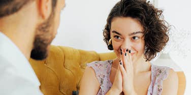 Woman truly falling for a man. 