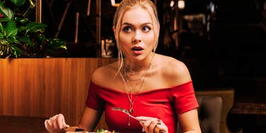 Appalled woman at dinner, covid broke America. 