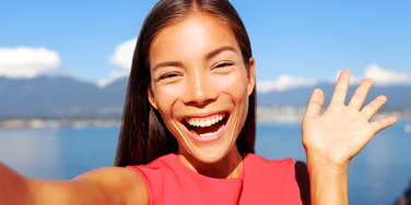 Woman starting a conversation talking to anyone and making a good impression. 