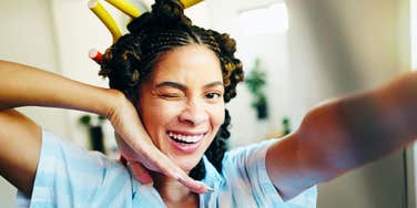extremely happy woman being silly having childish fun