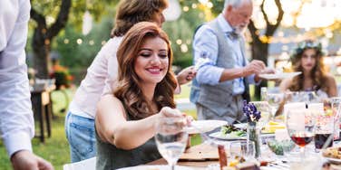 wedding guests eating at reception