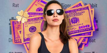 Woman in front of Chinese zodiac signs and stacks of money attracting wealth and abundance on December 5, 2025