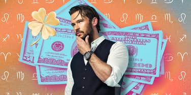 Man standing in front of zodiac symbols and dollar bills with a four-leaf clover, representing four zodiac signs attracting abundance and luck on December 4, 2025