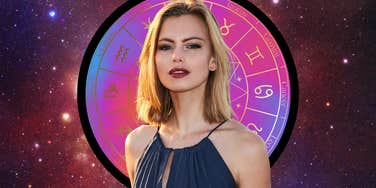 Woman standing in front of an astrology wheel and starry background, representing five zodiac signs with the best horoscopes on December 4, 2025