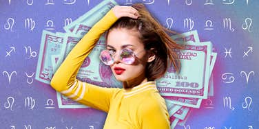 Woman in sunglasses in front of zodiac symbols and money, representing the zodiac signs gaining financial abundance the week of December 8–14, 2025