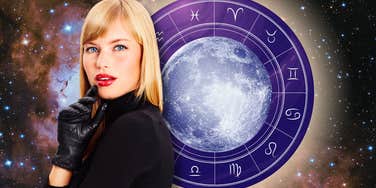 Woman in black gloves with a zodiac wheel and full moon background, representing zodiac signs receiving positive signs from the universe