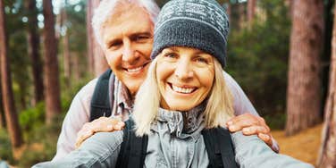Senior Couple, Selfie and Portrait, Hiking in Forest and Happy People in Nature and Memory for Social Media Post. Smile in Picture, Adventure and Fitness Outdoor, Man and Woman with Active Lifestyle
