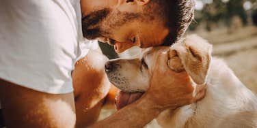 A portrait of a man leaning in to rub a dog's ears with affection; illustrating the scientific reason why dogs respond positively to high-pitched, rhythmic speech patterns similar to how human infants do.