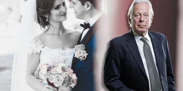 bride and groom and man in suit