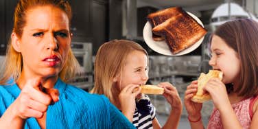 Angry mom and two girls eating toast