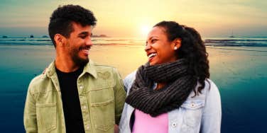 man and woman looking lovingly at one another set against beach background