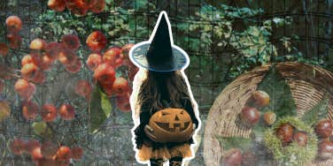 Little girl dressed in a witch halloween costume, crab apples 