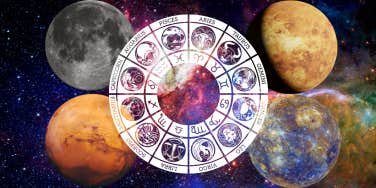 zodiac wheel and astrology planets moon, mars, venus, mercury