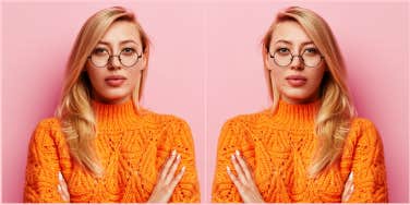 doubled image of blonde woman with glasses, arms crossed, against a pink wall