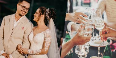bride and groom smiling at wedding, hands toasting with champagne glasses at wedding reception