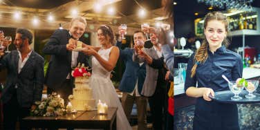 bride and groom at wedding, waitress serving drinks