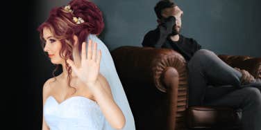bride with hand up and upset man