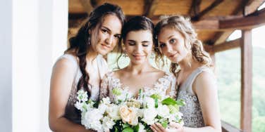 bride and bridesmaids with bouquet