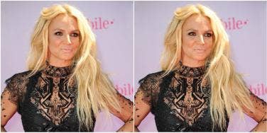 Britney Spears posing in black lace dress on step & repeat