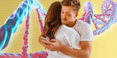 Man texting behind woman's back, DNA strand