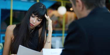 stressed woman applicant during interview with company