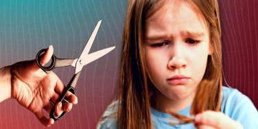 man with scissors about to cut girl's hair