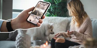 man checking hidden cameras, woman on couch petting dog