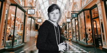scared teen boy in mall