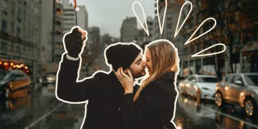 Couple kissing in the rain 